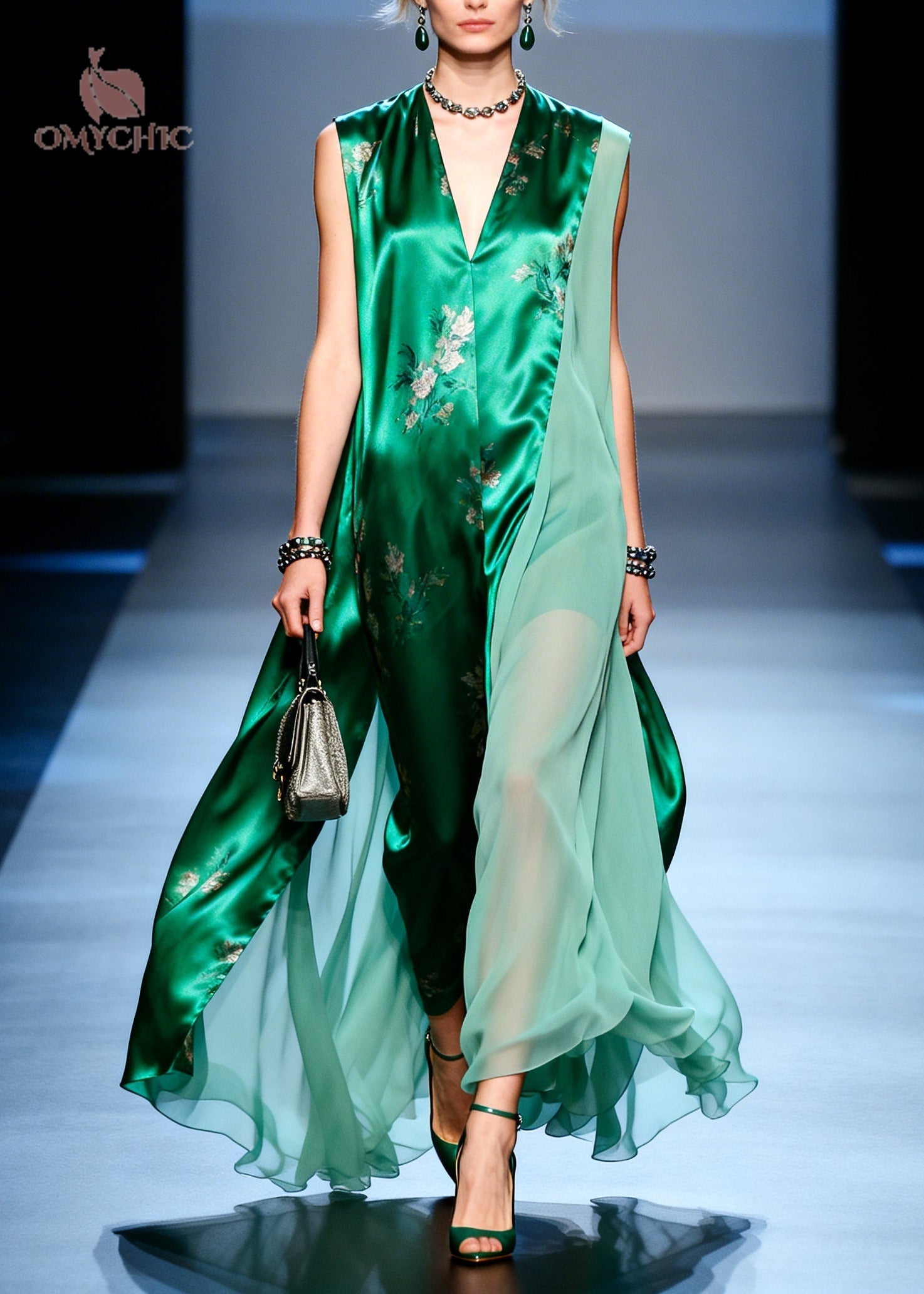 DIY Green Asymmetrical Patchwork Chiffon Holiday Dress Sleeveless