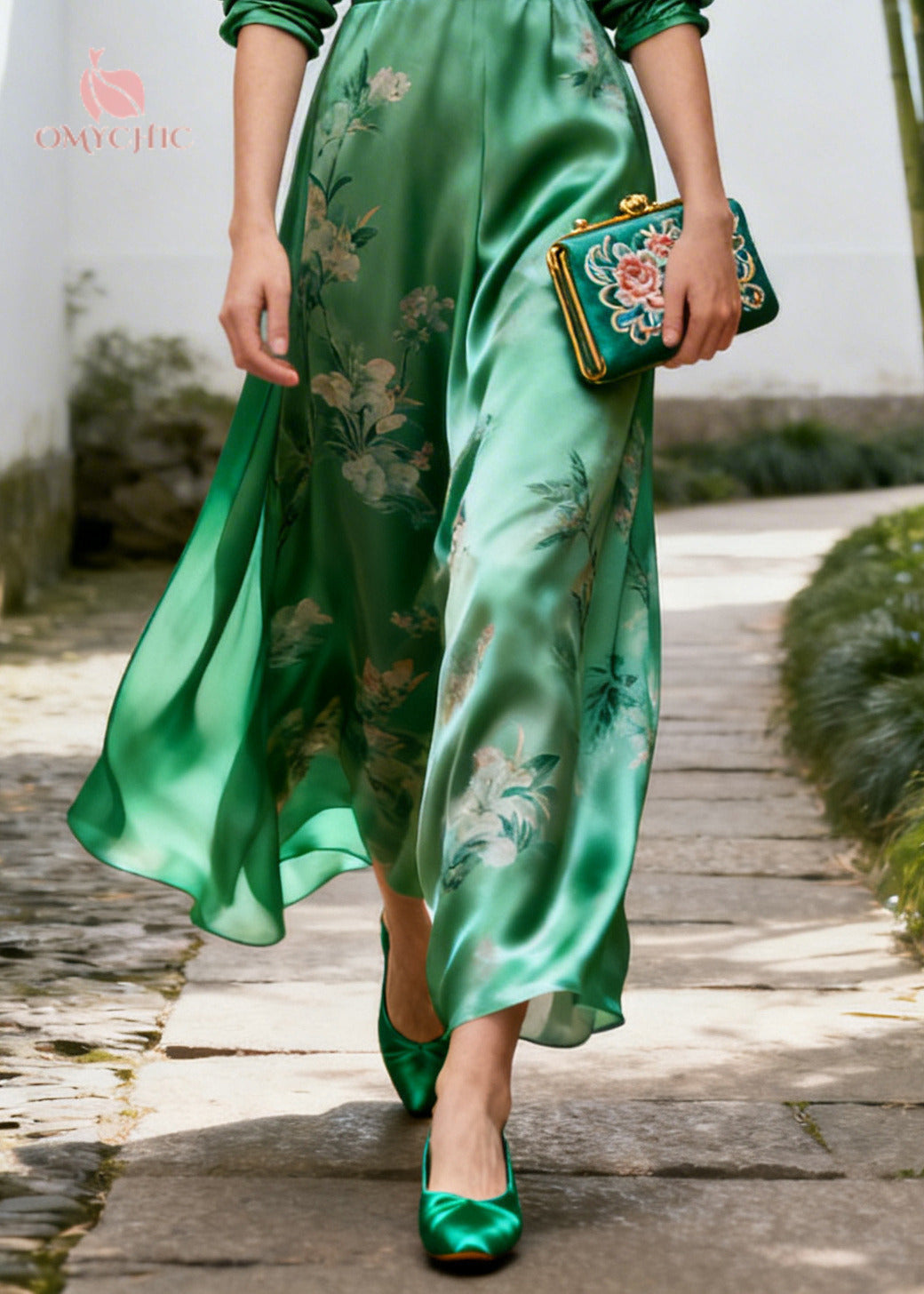 DIY Green Tunic Print Silk Long Dress Long Sleeve