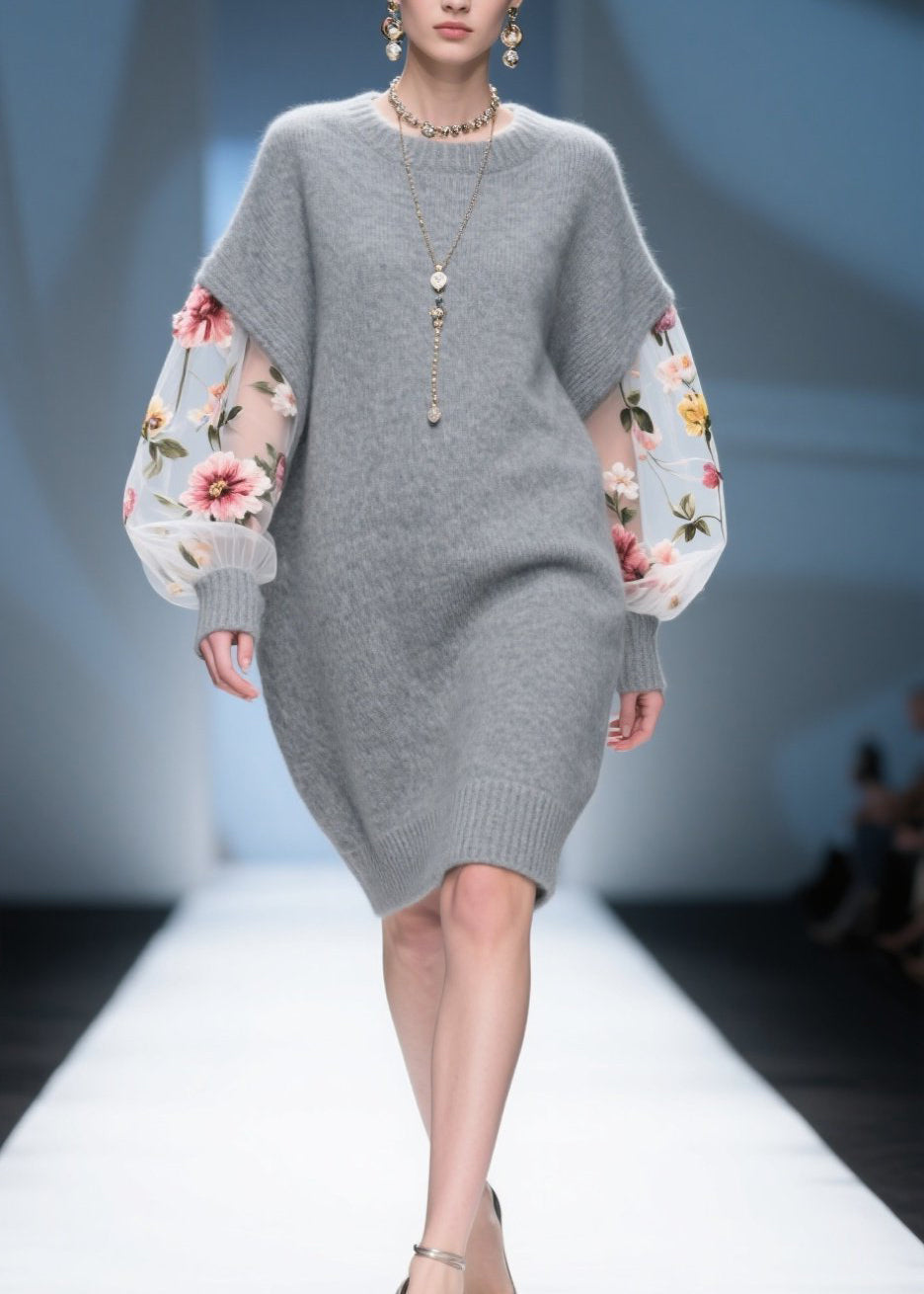 DIY Grey Tulle Floral Patchwork Knitwear Dress Fall