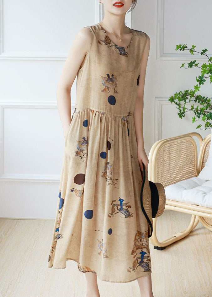 DIY Khaki O-Neck Print Chiffon Holiday Dress Sleeveless