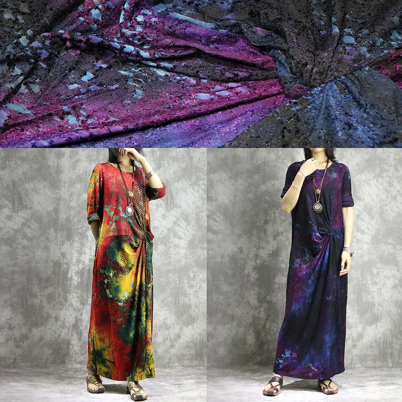 DIY o neck blended outfit Casual Shape purple prints long Dress summer