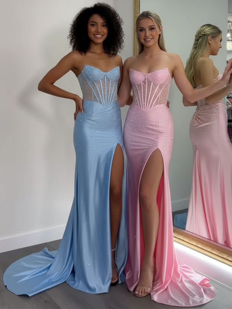 Cyan Strapless Sweetheart Beaded Mermaid Prom Dress with Slit - View 3 | FashionDia