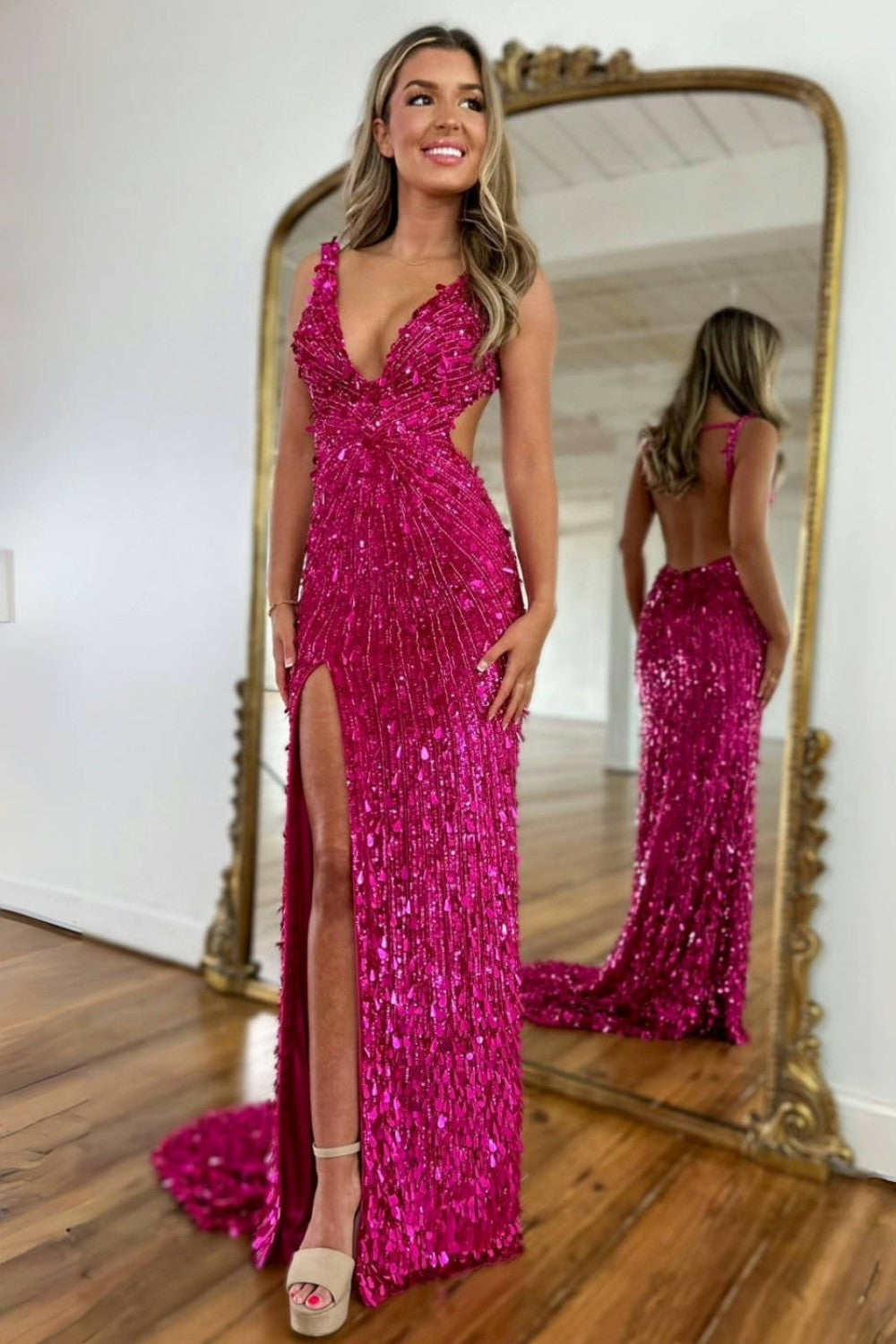 Sparkly Gold Fully Beaded Prom Dress with Deep V Neck Slit and Open Back (ZD17393)