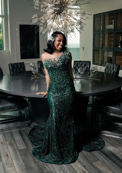 One shoulder Dark green Mermaid Sparkle Floor length Prom Dresses (ZD17396)