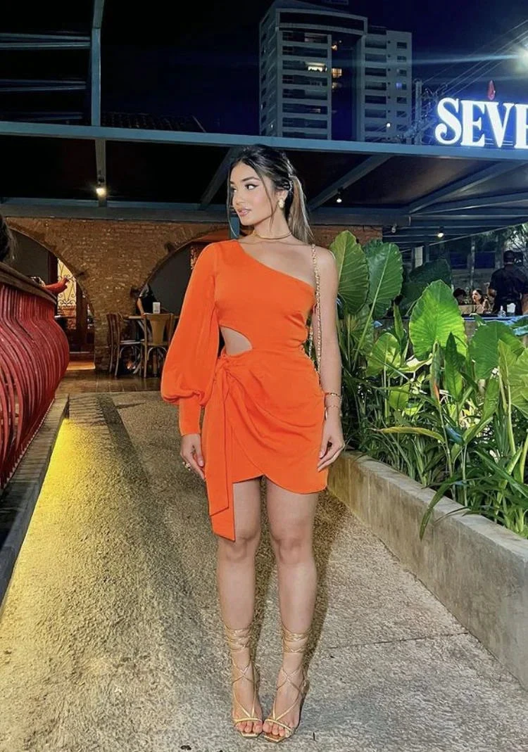 One Shoulder Cut Out Knot Side Dress Orange Homecoming Dress Y2172 by simplepromdress