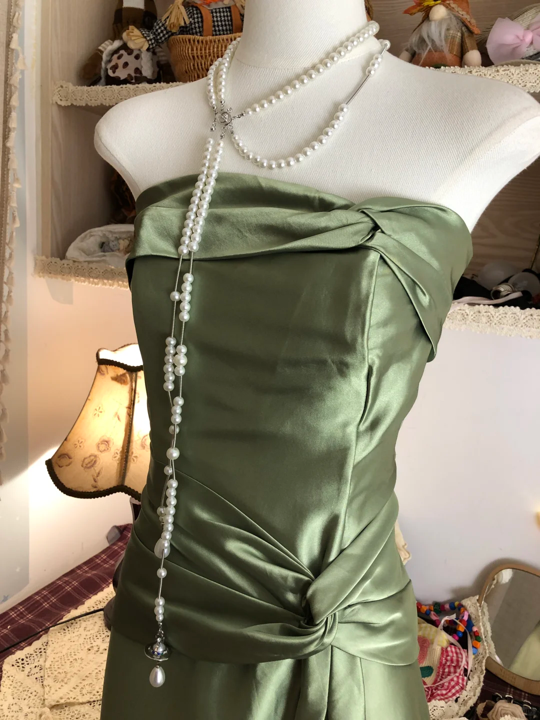 Vintage Strapless Green Satin Long Prom Dress Birthday Party Dress