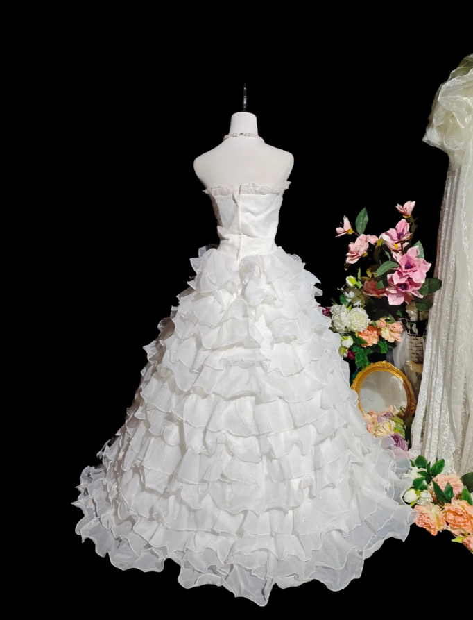 Glamorous Strapless Beaded White Chiffon Ruffles Layered Long Wedding Dress Formal Bridal Gowns - View 3 | FashionDia