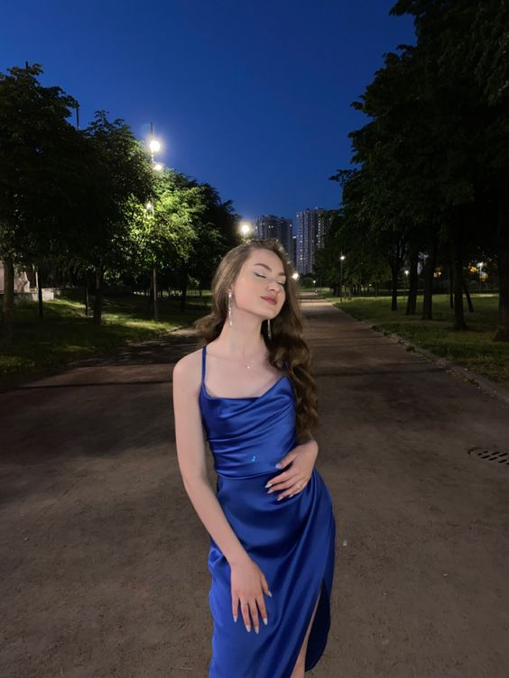 Women Royal Blue Satin Strappy Party Dress,Blue Cocktail Dress