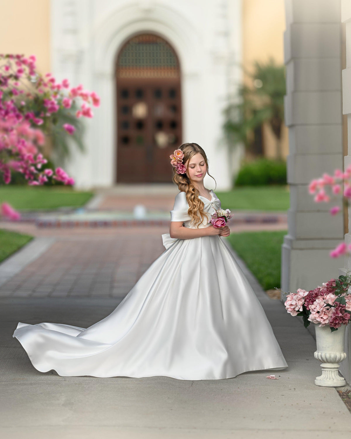 Elegant Ivory Satin Princess Ball Gown with Sweep Train and Bow for Flower Girls - View 5 | VelvetHem