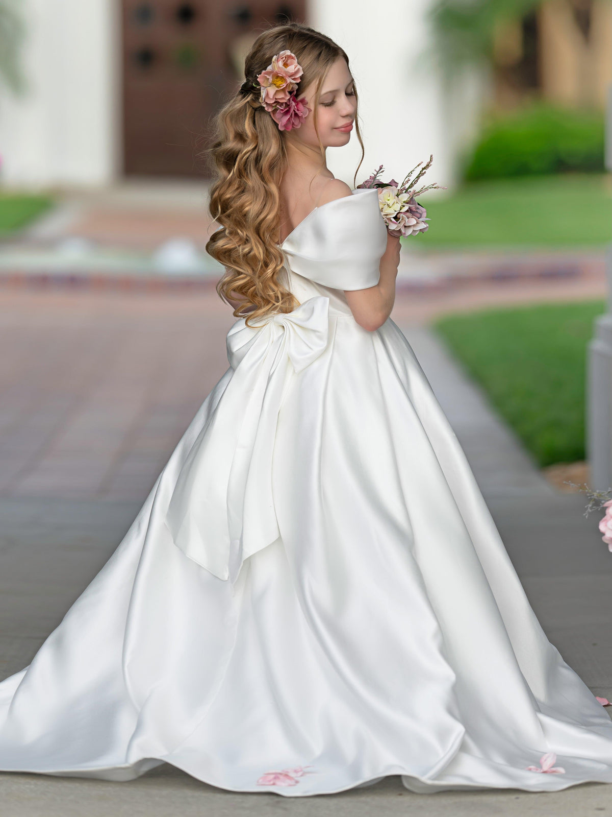 Elegant Ivory Satin Princess Ball Gown with Sweep Train and Bow for Flower Girls - View 4 | VelvetHem