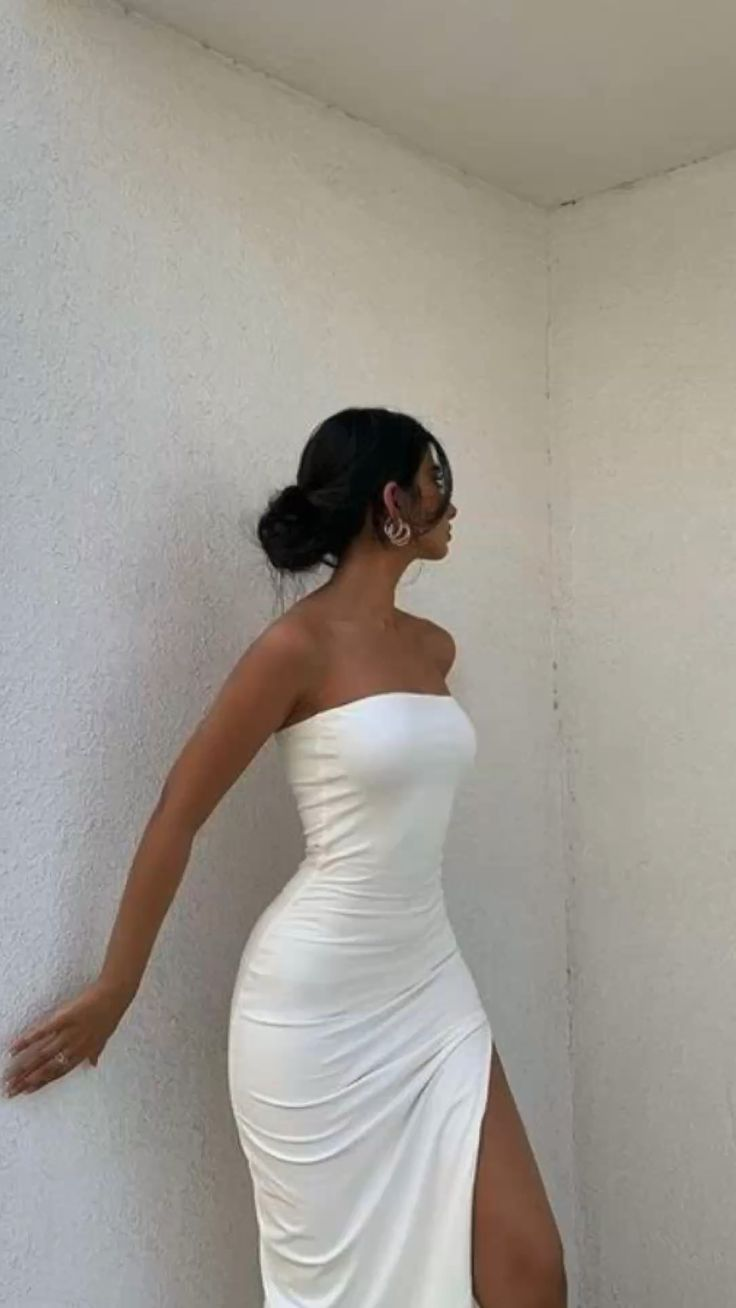 Classic White Strapless Prom Dress With Split ,White Formal Gown