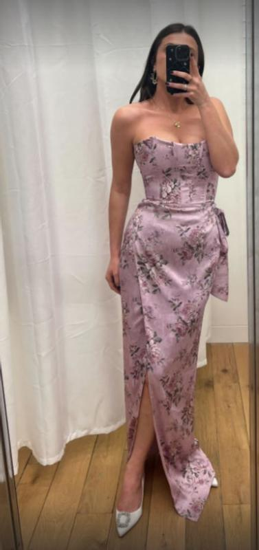Fuchsia Printed Corset Front-Slit Satin Sheath Prom Dress,Formal Party Evening Dress - View 4 | FashionDia