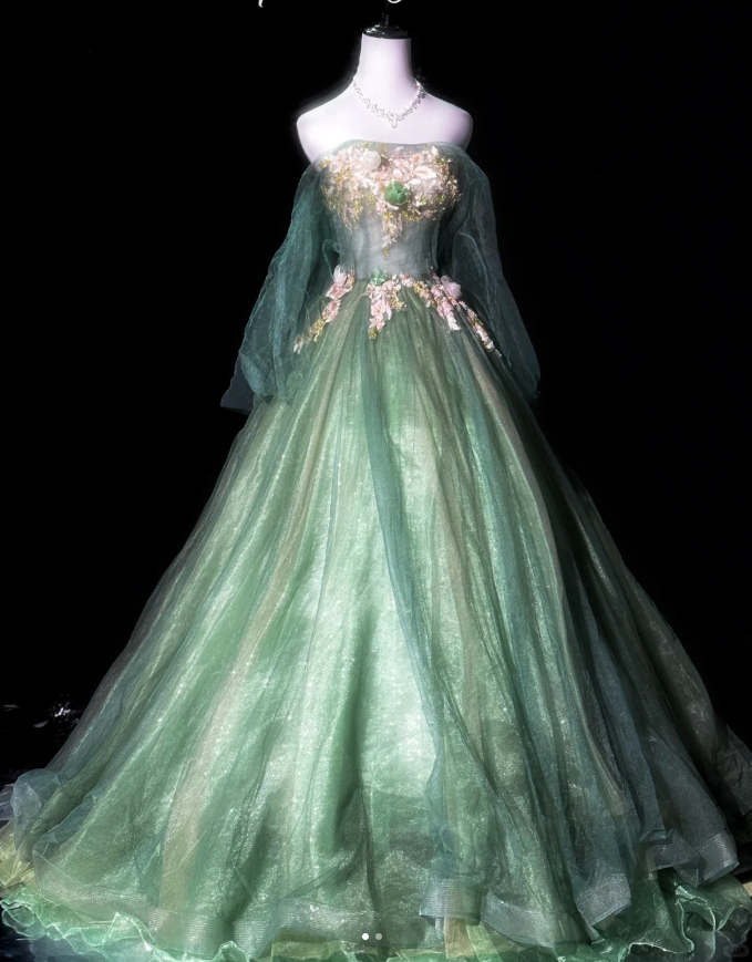 Charming Green Tulle Lace Appliques Long Prom Dress Evening Gown - FashionDia