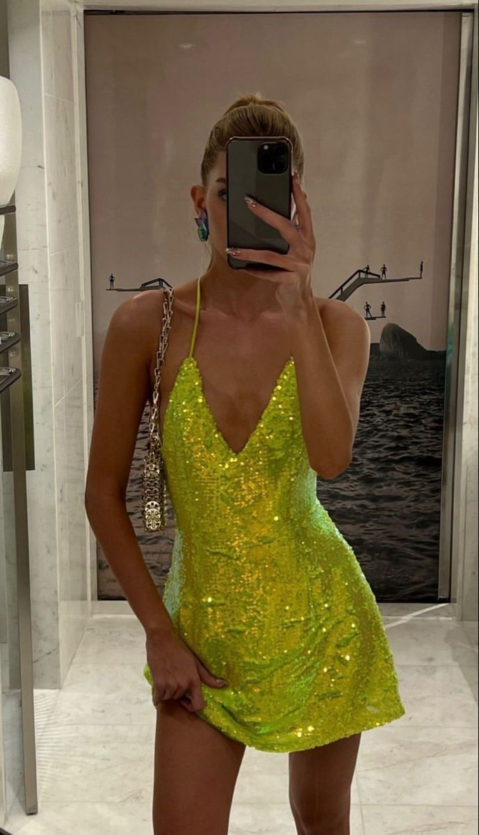 Unique Lemon Green V Neck Sequin Short Party Dress Formal Graduation Homecoming Dress D380