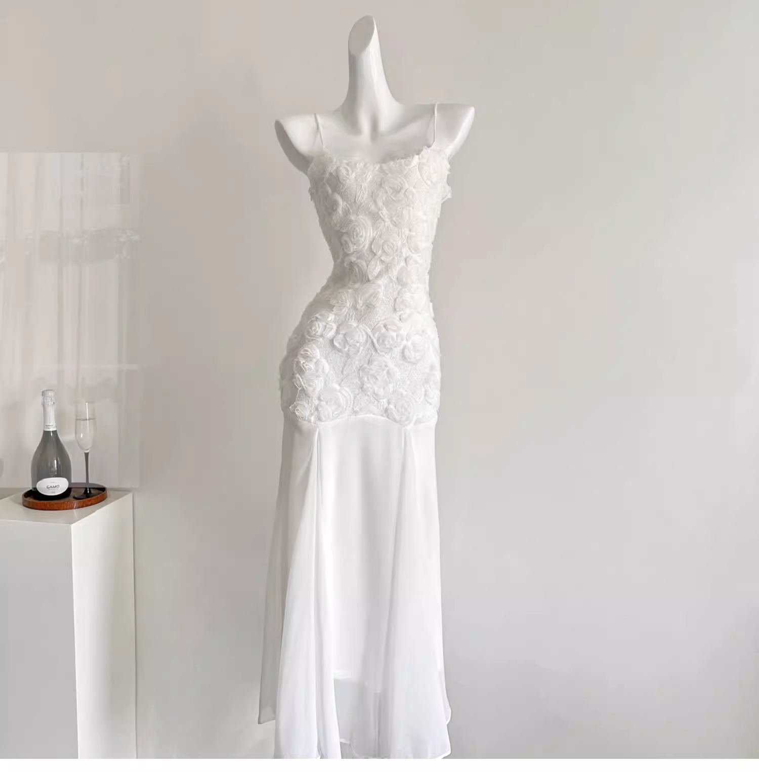 White Suspender Dress French Chiffon Waist Party Dress Mermaid Dress