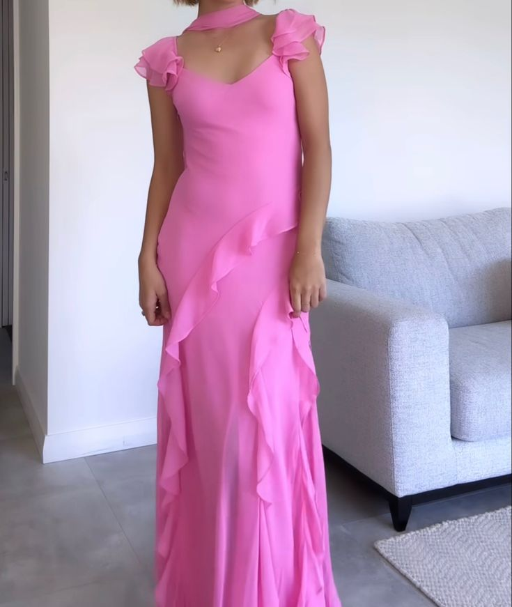 Beautiful Pink V-Neck Chiffon Ruffle Mermaid Long Prom Dress Party Gown With Ribbon - FashionDia