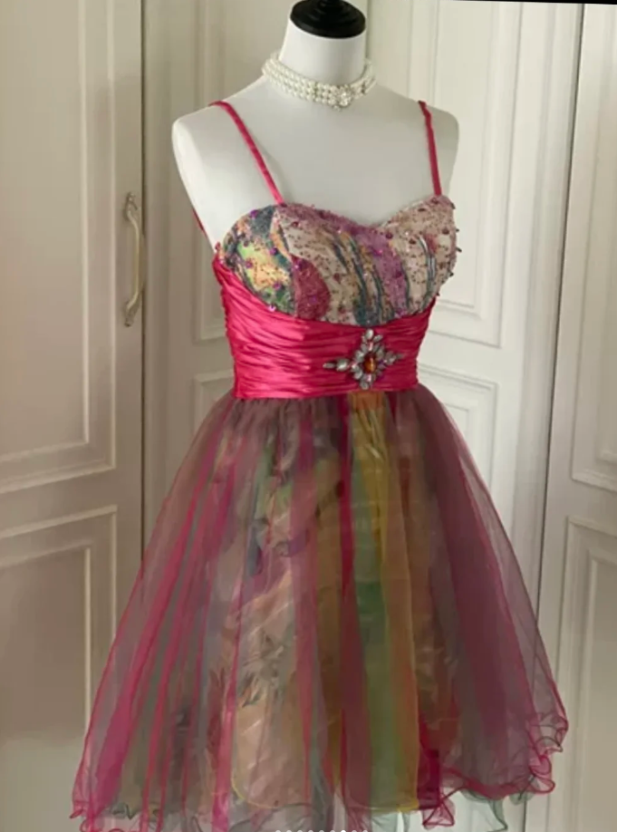 Unique Spaghetti Straps Tulle Sequin A Line Homecoming Dress Mini Party Dress