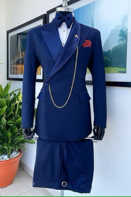 Dark Blue Peaked Lapel 2 Piece Stylish Prom Suit