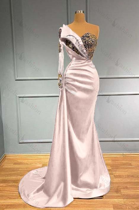 Dark Blue Prom Dress Long Sleeve One Shoulder Pleated Mermaid Evening Formal Dress With Beadings