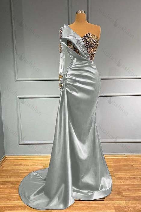 Dark Blue Prom Dress Long Sleeve One Shoulder Pleated Mermaid Evening Formal Dress With Beadings