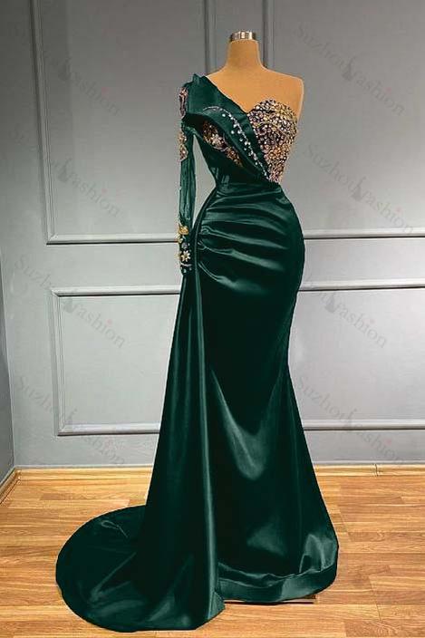 Dark Blue Prom Dress Long Sleeve One Shoulder Pleated Mermaid Evening Formal Dress With Beadings