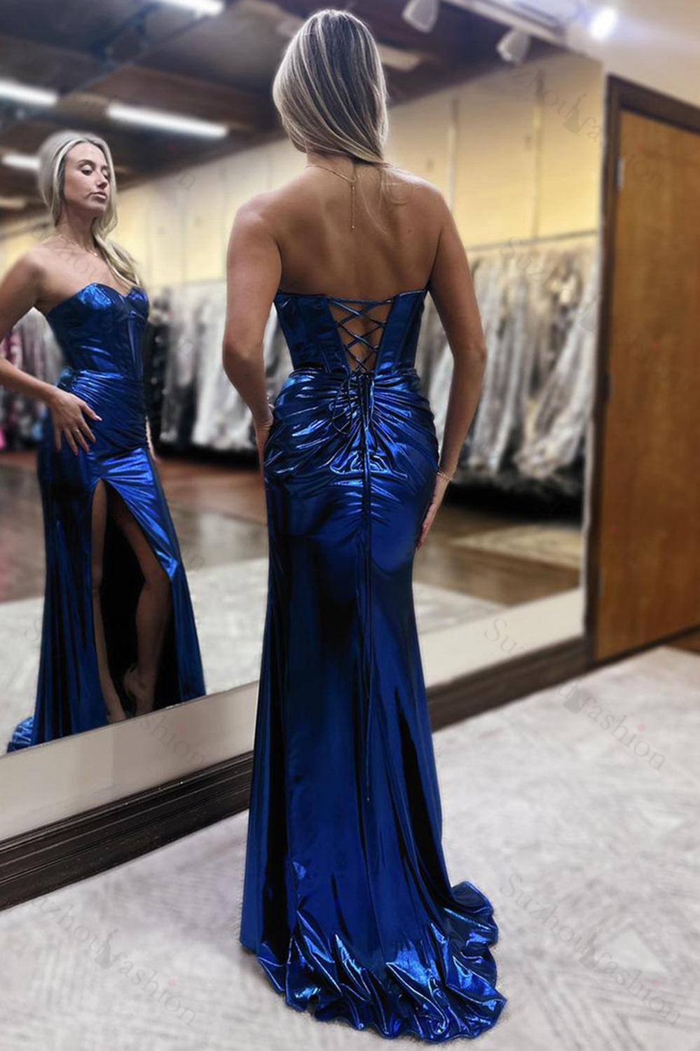 Dark Blue Prom Dress Metallic Sweetheart Mermaid Formal Dress With Slit