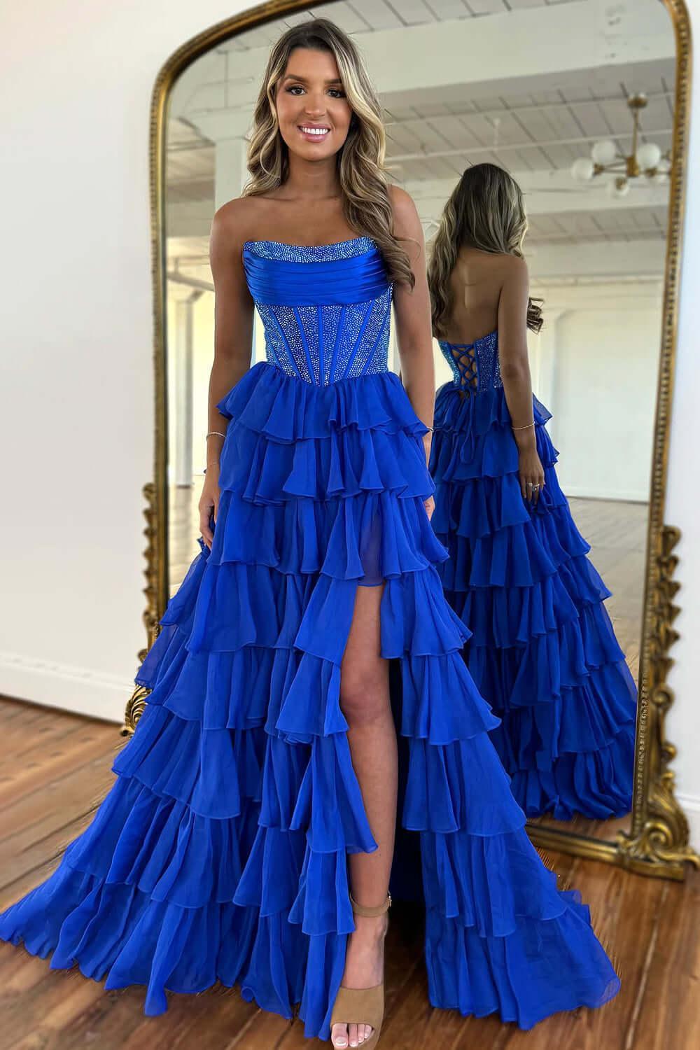 Yellow Prom Dress A Line Strapless Corset Long Chiffon Formal Dress With Slit