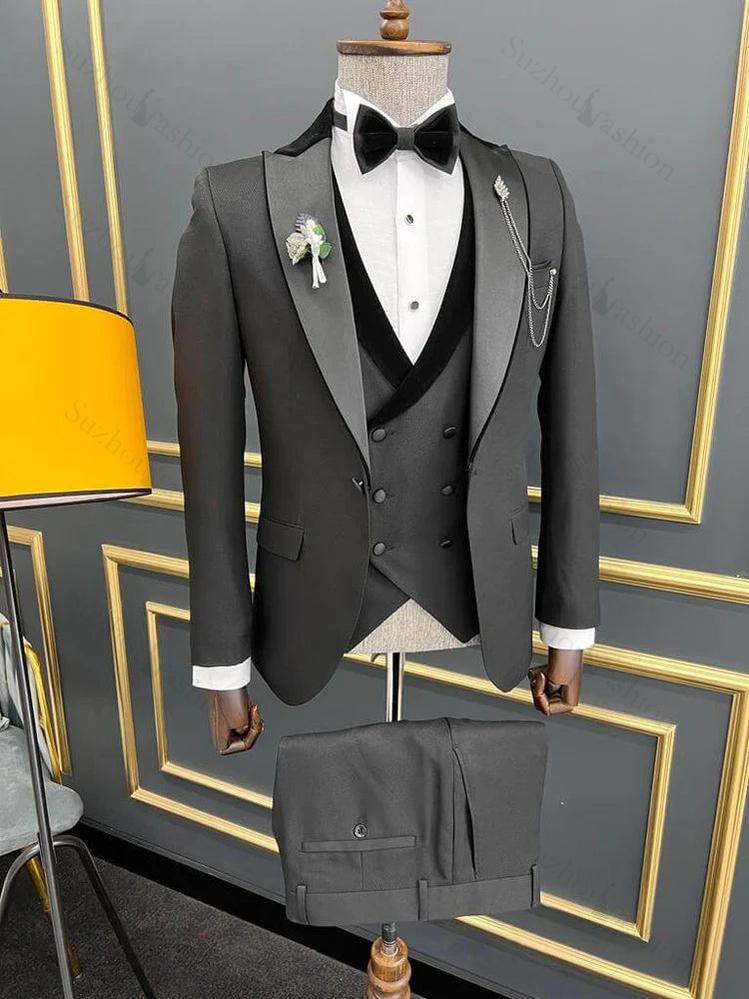 Dark Gray Peaked Lapel 3 Piece Classic Business Suit