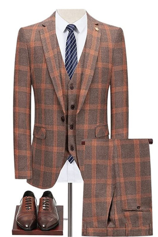Dark Gray and Reddish Brown Plaid Slim Fit Business Suit