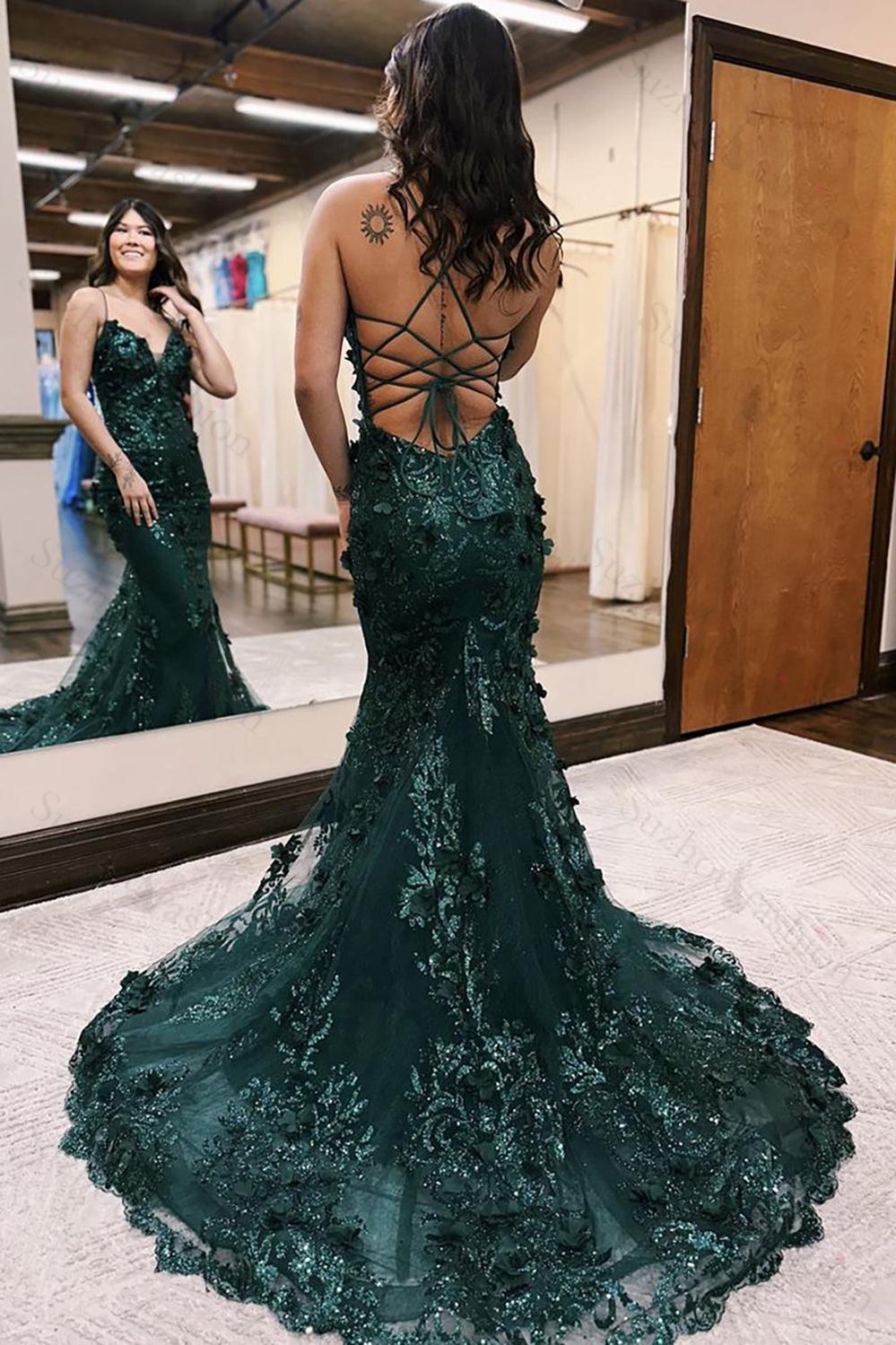 Dark Green Prom Dress Mermaid Lace-Up Back Long Formal Dress With 3D Flowers