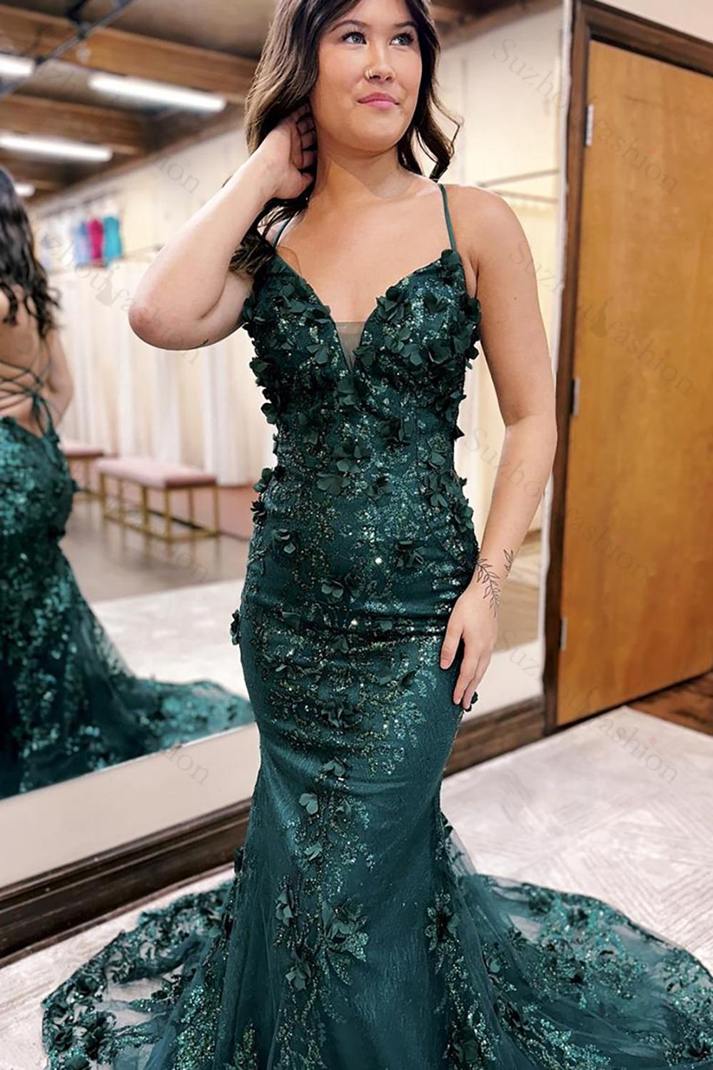 Dark Green Prom Dress Mermaid Lace-Up Back Long Formal Dress With 3D Flowers