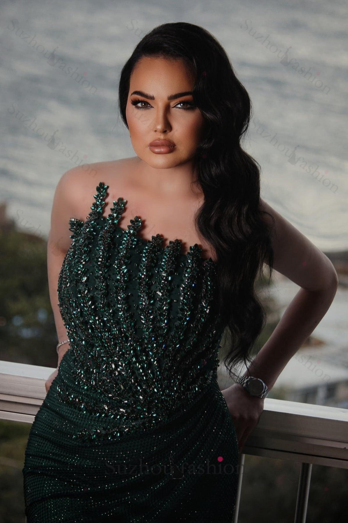 Dark Green Prom Dress Mermaid Strapless Beaded Sleeveless Formal Dress With Rhinestones