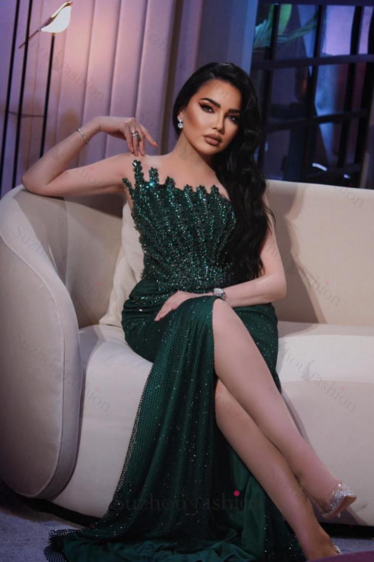 Dark Green Prom Dress Mermaid Strapless Beaded Sleeveless Formal Dress With Rhinestones