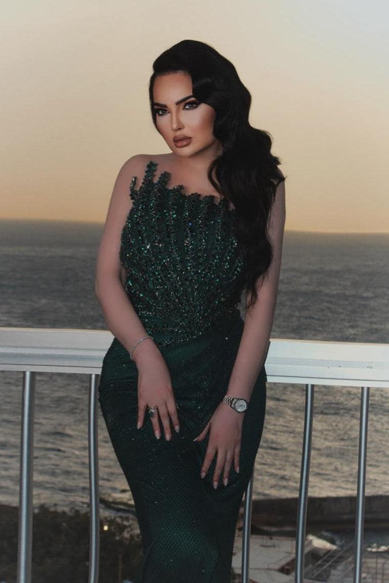 Dark Green Prom Dress Mermaid Strapless Beaded Sleeveless Formal Dress With Rhinestones