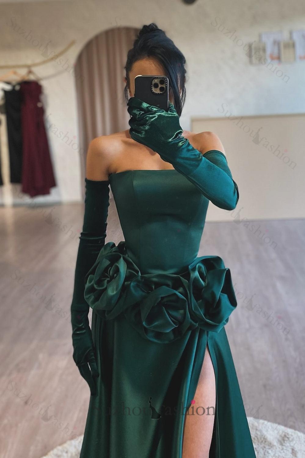 Dark Green Prom Dress Strapless A Line Sleeveless Slit Satin Formal Dress