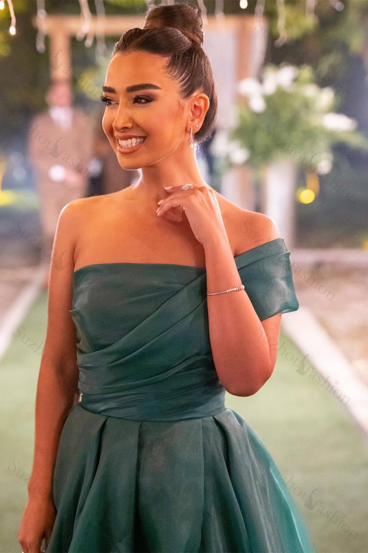 Dark Green Prom Dress Strapless One Shoulder Mermaid Front Split Evening Formal Dress with Bowknot