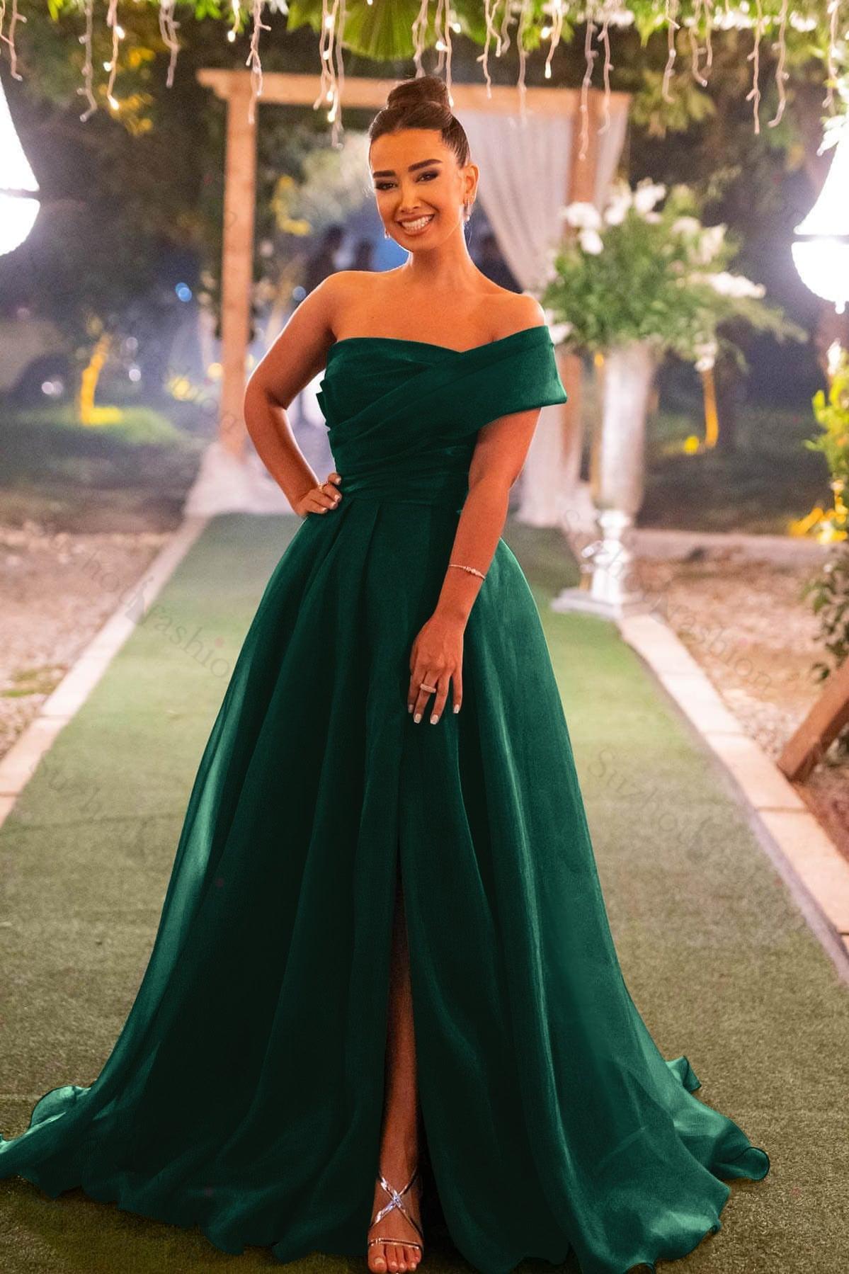 Dark Green Prom Dress Strapless One Shoulder Mermaid Front Split Evening Formal Dress with Bowknot