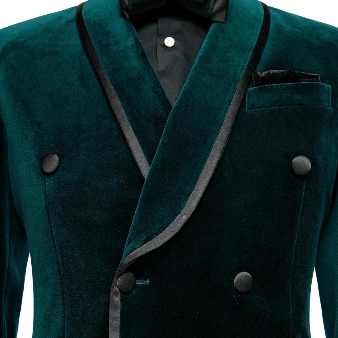 Dark Green Shawl Lapel Double Breasted Velvet Wedding Suit