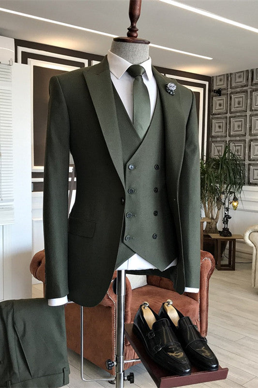 Dark Green Three Piece Peaked Lapel Prom Suit