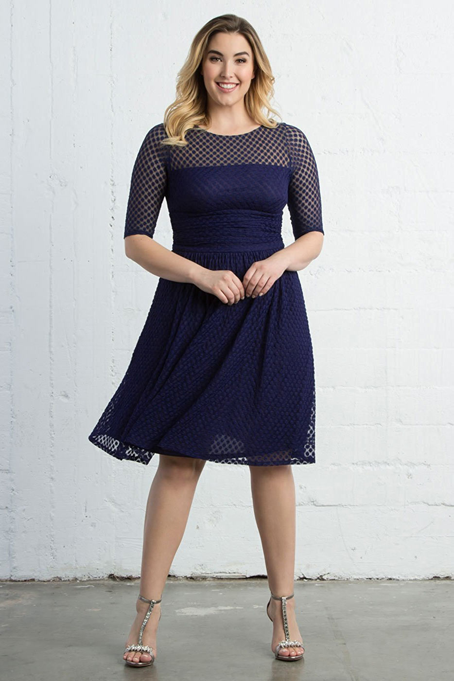 Dark Navy A-line Lace Prom Dress With Sleeves - Fashionpara