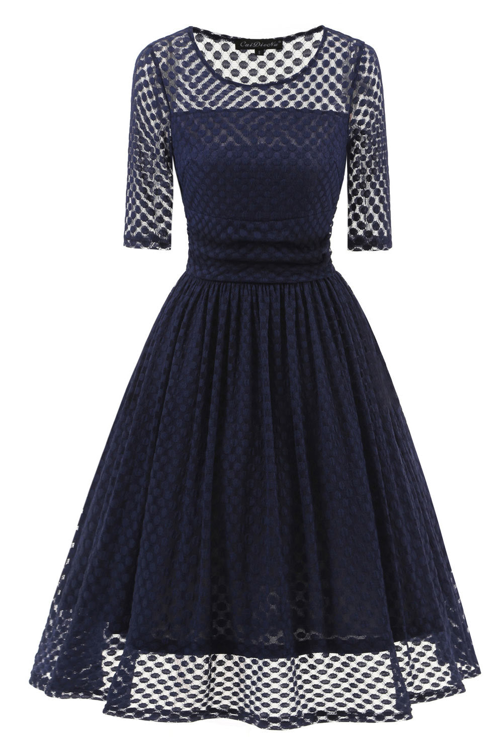Dark Navy A-line Lace Prom Dress With Sleeves - Fashionpara