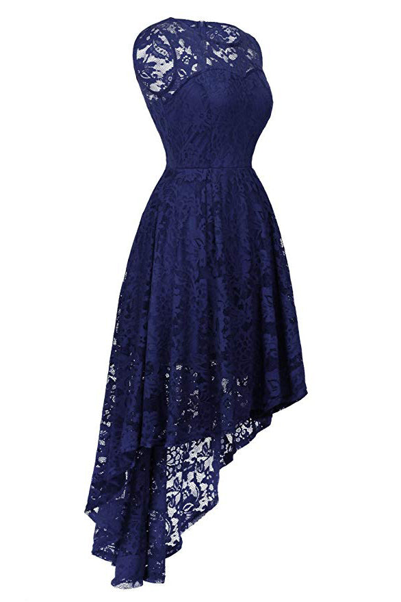 Dark Navy A-line Lace Sleeveless High Low Prom Dress - Fashionpara