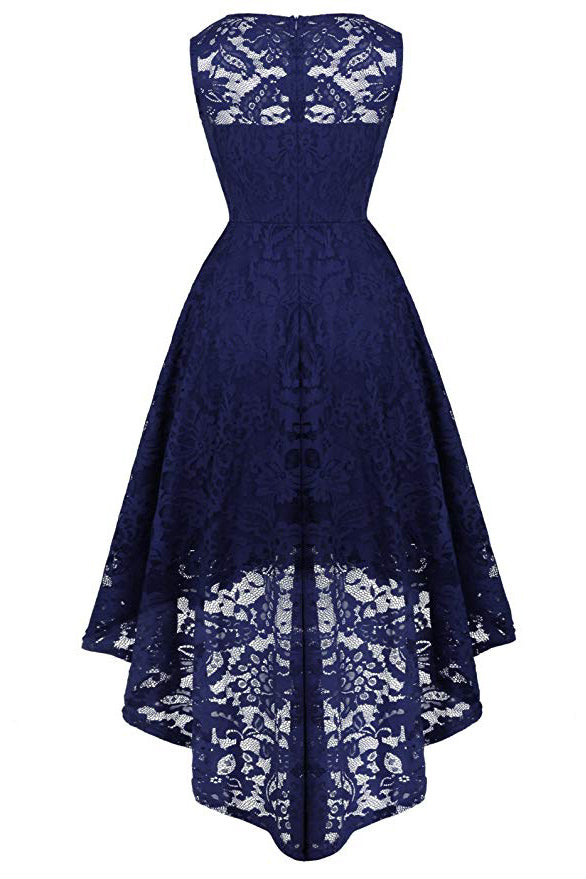Dark Navy A-line Lace Sleeveless High Low Prom Dress - Fashionpara