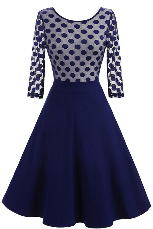 Dark Navy Fit And Flare Homecoming Dress With Long Sleeves - Fashionpara