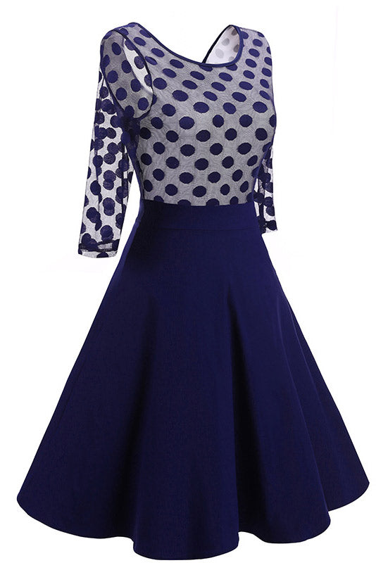 Dark Navy Fit And Flare Homecoming Dress With Long Sleeves - Fashionpara