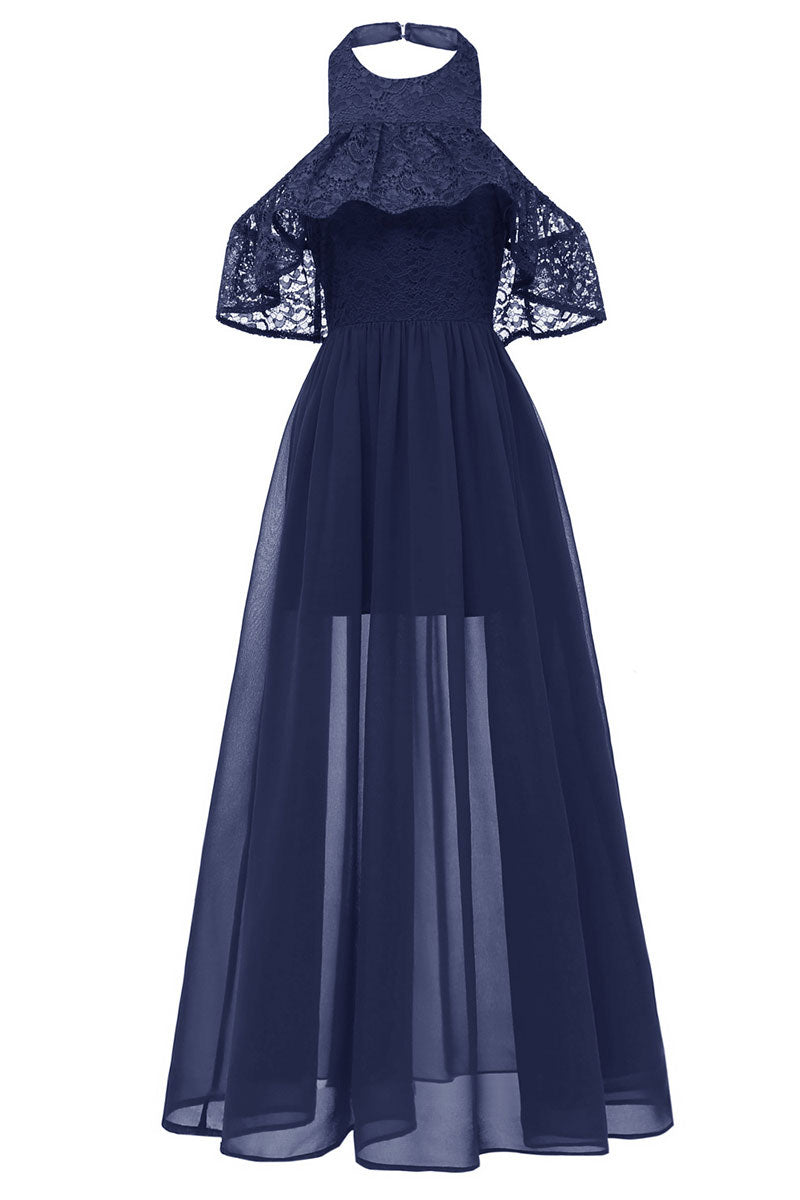 Dark Navy High Low Halter Chiffon Long Prom Dress - Fashionpara
