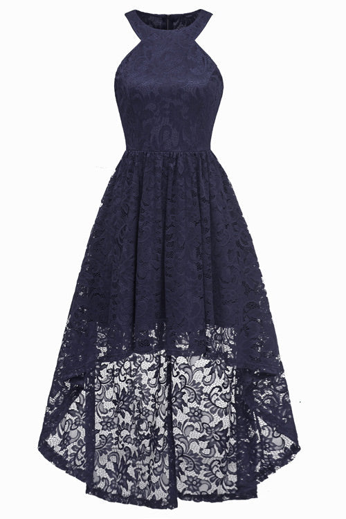 Dark Navy High Low Cut Out Lace Prom Dress - Fashionpara
