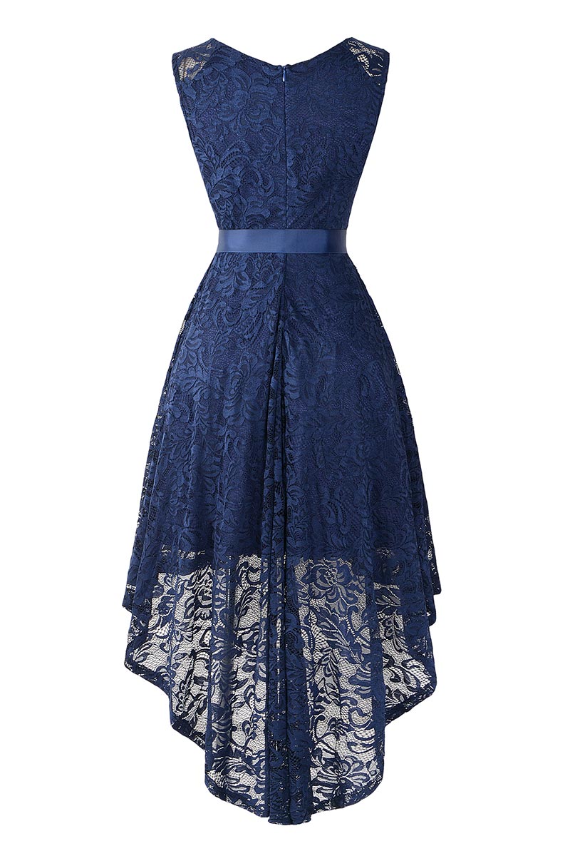 Dark Navy Knot Front High Low Lace Prom Dress - Fashionpara