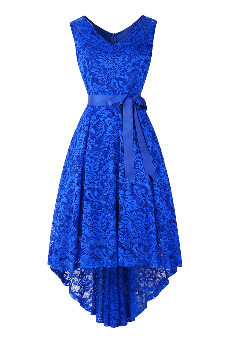 Dark Navy Knot Front High Low Lace Prom Dress - Fashionpara