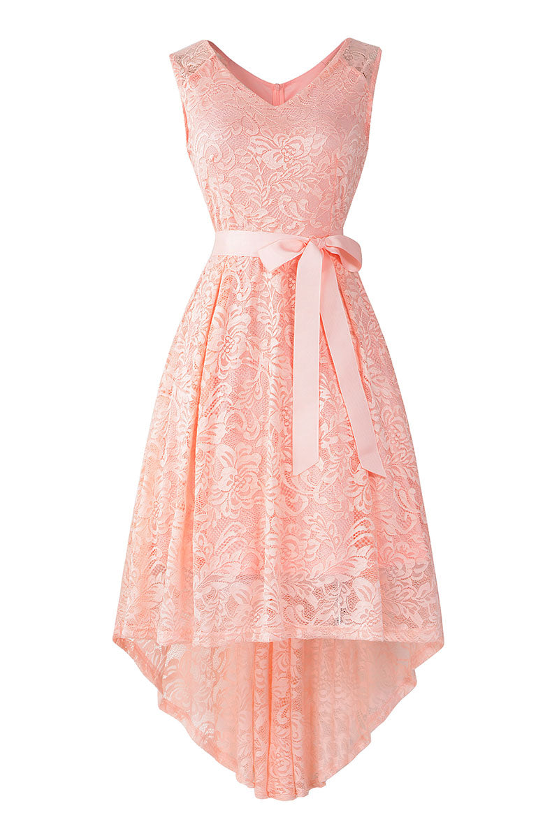 Dark Navy Knot Front High Low Lace Prom Dress - Fashionpara